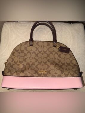 Coach Monogram Pink & Brown Satchel with crossbody strap